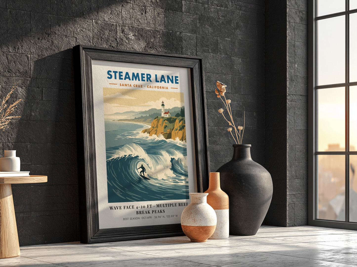 Steamer Lane poster showing a surfer on a wave with a lighthouse above cliffs.
