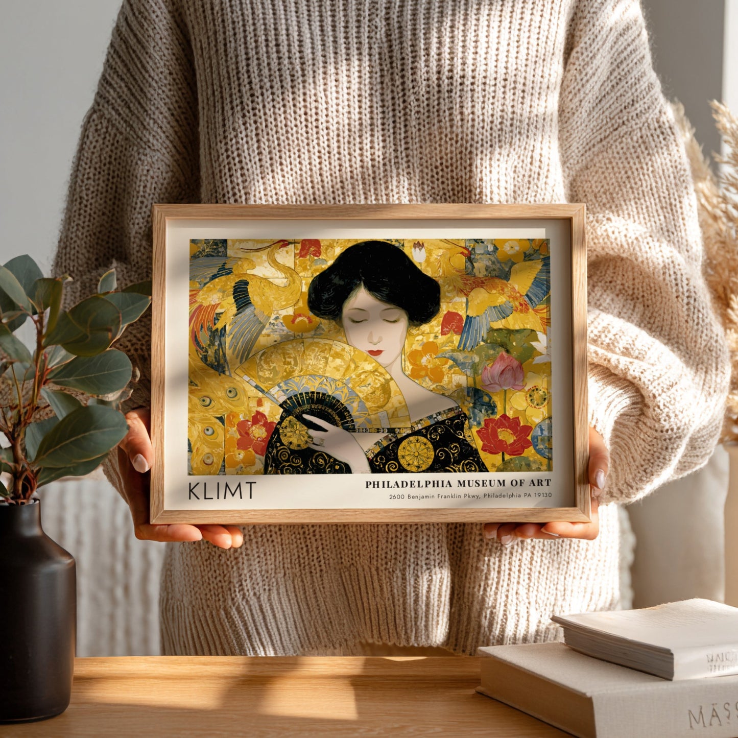Wall art print featuring Klimt inspired design with vibrant golds and greens