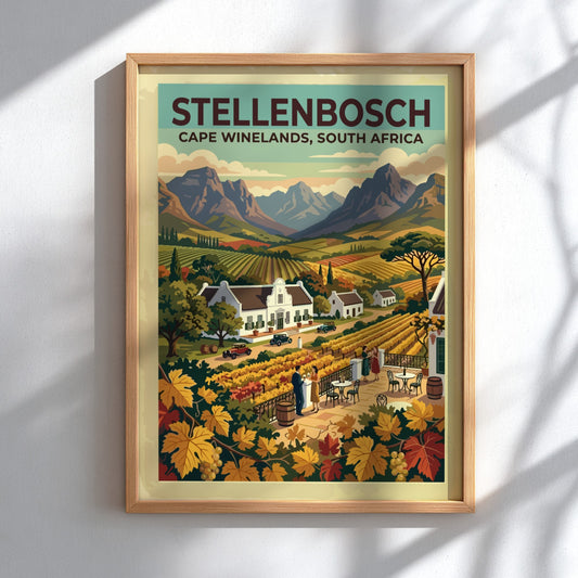 Travel poster of Stellenbosch with vineyards, white estates, and mountains in classic style.