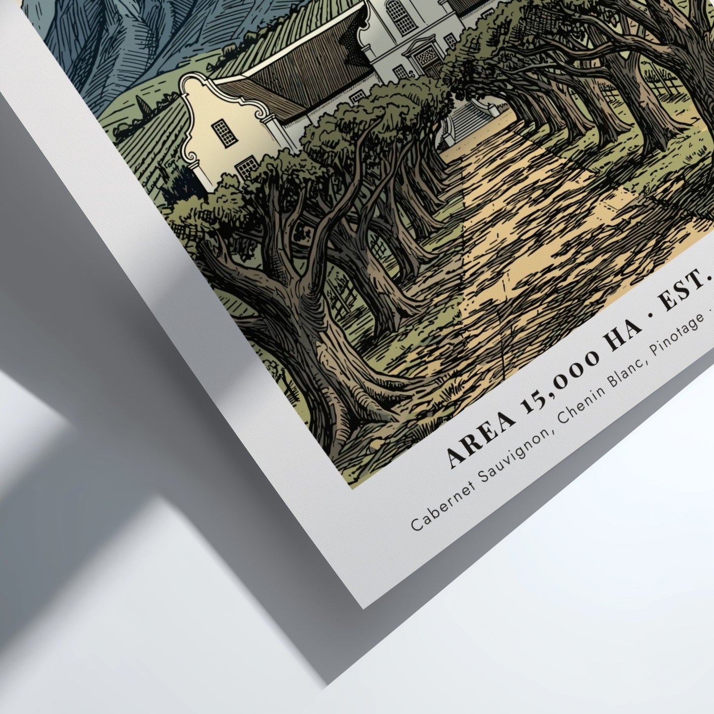 Poster featuring Stellenbosch South Africa with Cape Dutch architecture and mountains in vintage style.