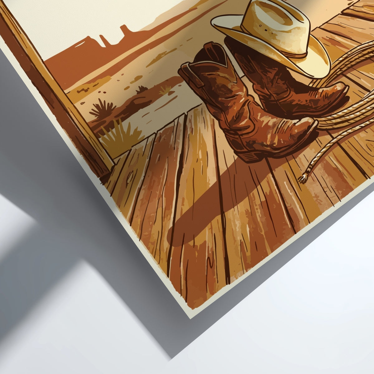 Western cowboy still life poster featuring leather boots, a lasso, and hat on wooden porch