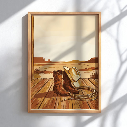 Western cowboy still life poster featuring leather boots, a lasso, and hat on wooden porch