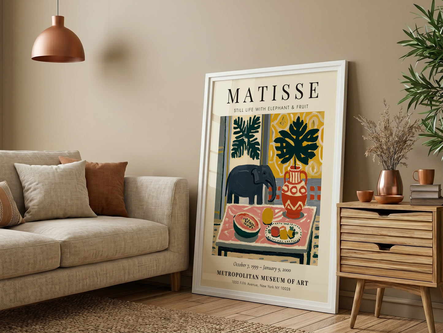 Henri Matisse poster featuring a colorful still life with an elephant, vibrant fruit, and bold patterns.