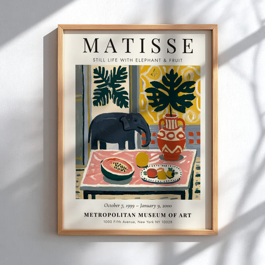 Henri Matisse poster featuring a colorful still life with an elephant, vibrant fruit, and bold patterns.