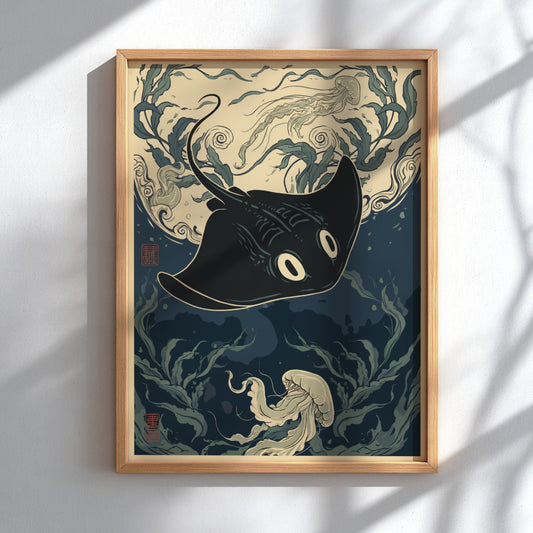 Poster of a black stingray swimming through deep blue water with jellyfish and seaweed.