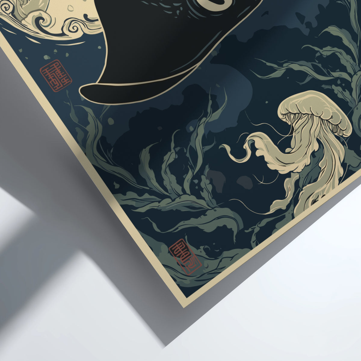 Poster of a black stingray swimming through deep blue water with jellyfish and seaweed.