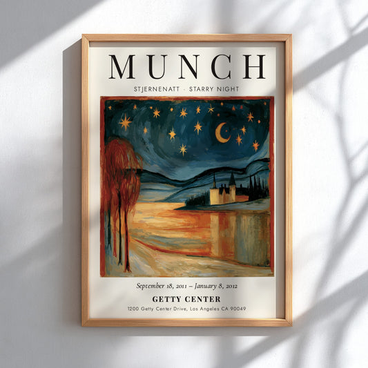 Stjernenatt Starry Night poster by Edvard Munch, featuring a vibrant night sky with stars and a serene