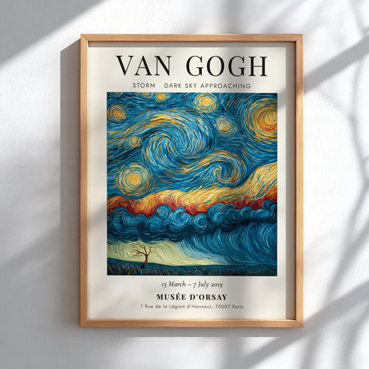 Storm - Dark Sky Approaching poster featuring swirling blues and yellows, inspired by Van Gogh's artwork.