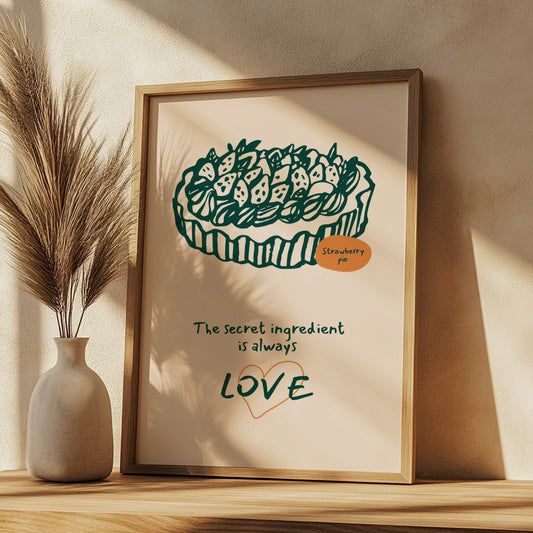 Framed artwork of a strawberry pie with text on a wooden shelf.