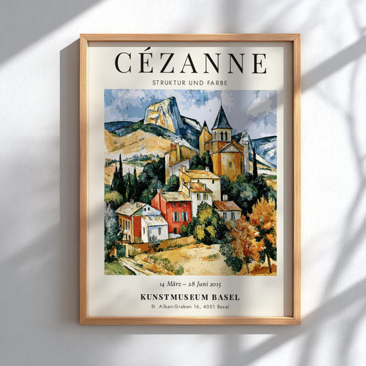 Cézanne exhibition poster featuring vibrant colors and charming landscape scene