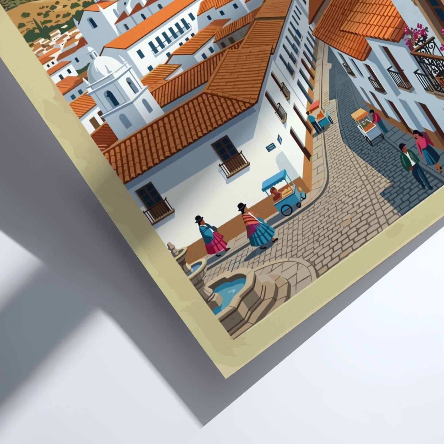 Travel poster of Sucre Bolivia featuring white colonial buildings red roofs and mountains