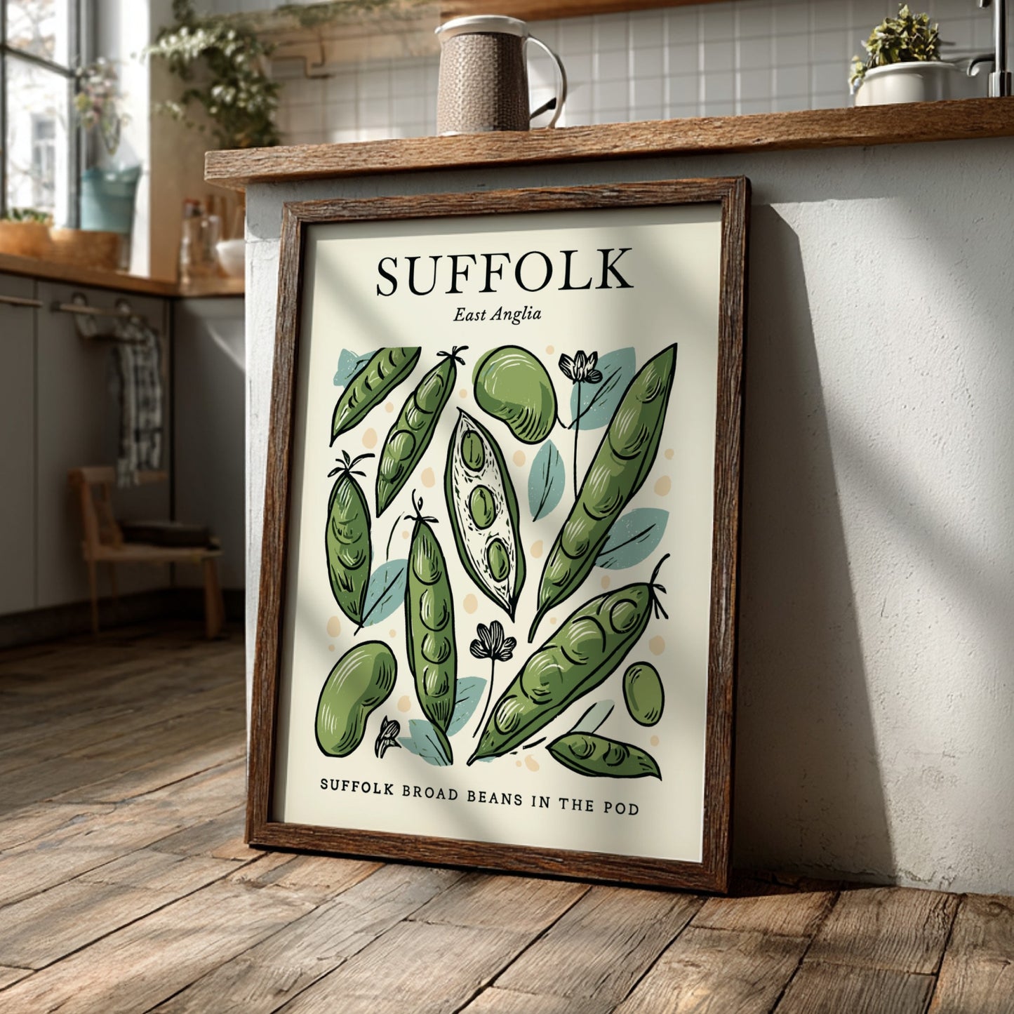 Kitchen poster featuring broad beans in green tones, botanical style, perfect for home decor