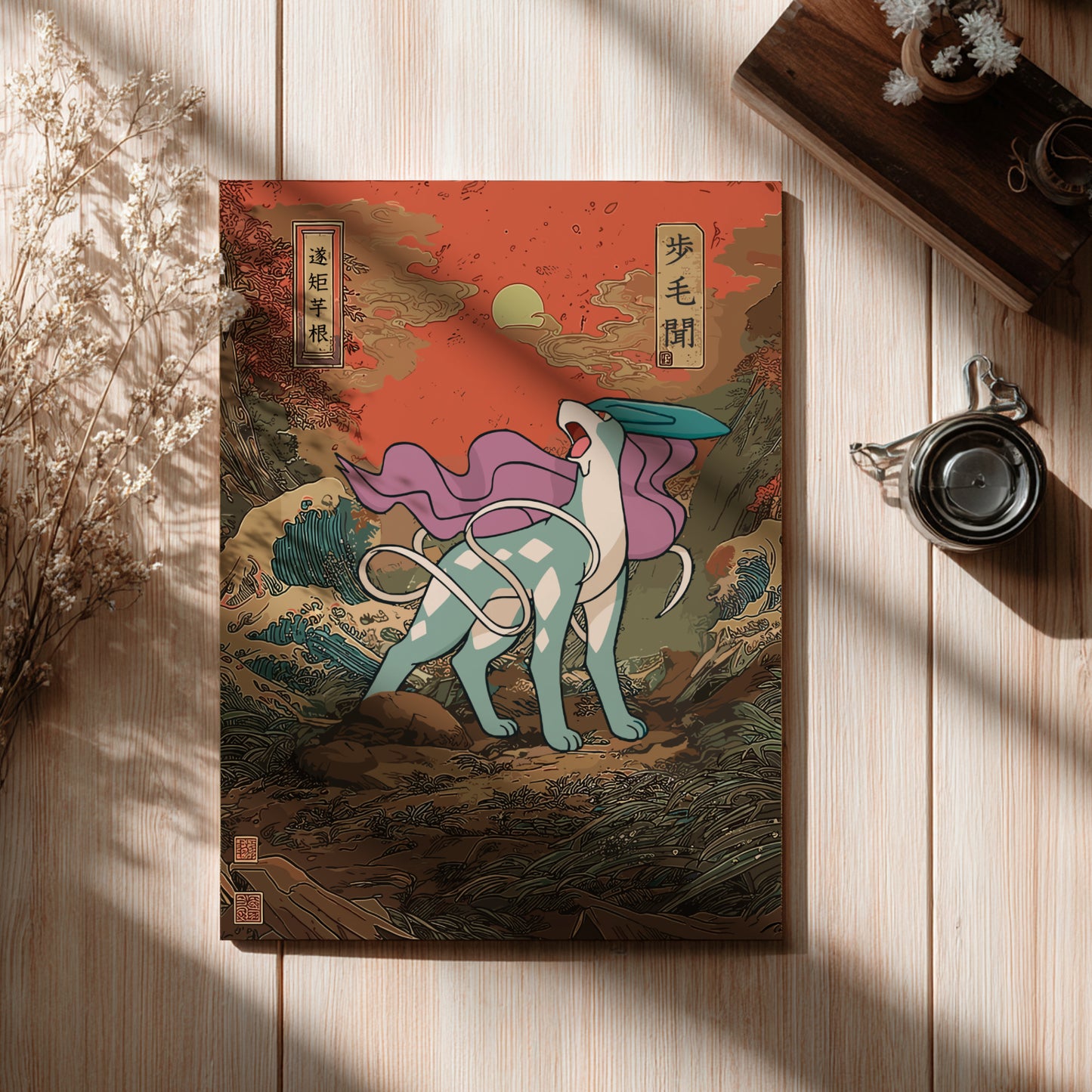 Poster with a colorful illustration of Suicune Pokemon on a wooden surface