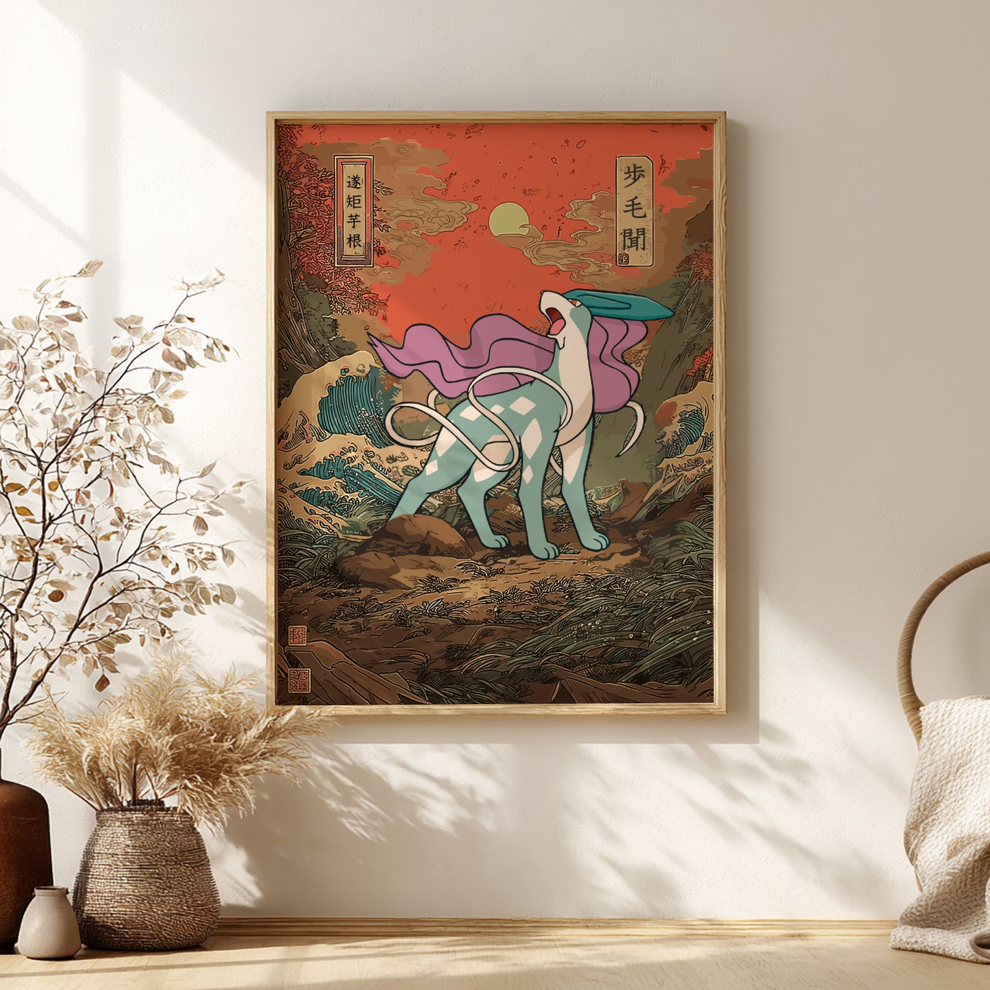 Framed artwork of a stylized Suicune Pokemon on a wall with decorative elements.
