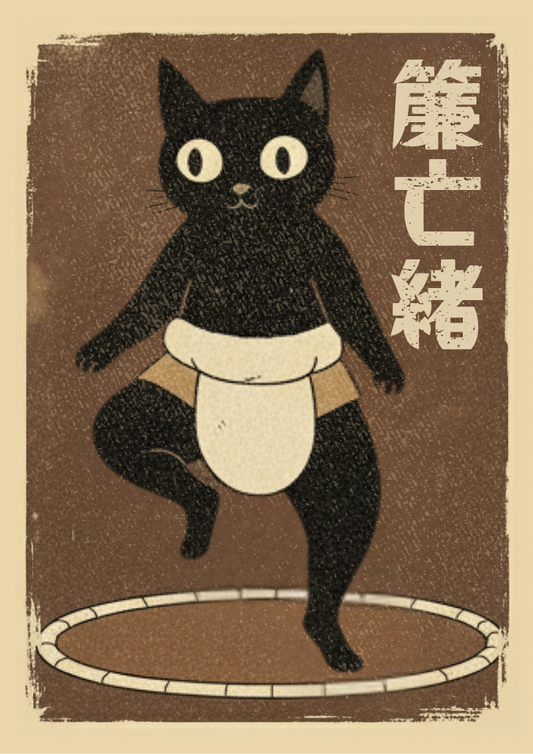 Illustration of a black cat in traditional attire on a brown background with Japanese text.