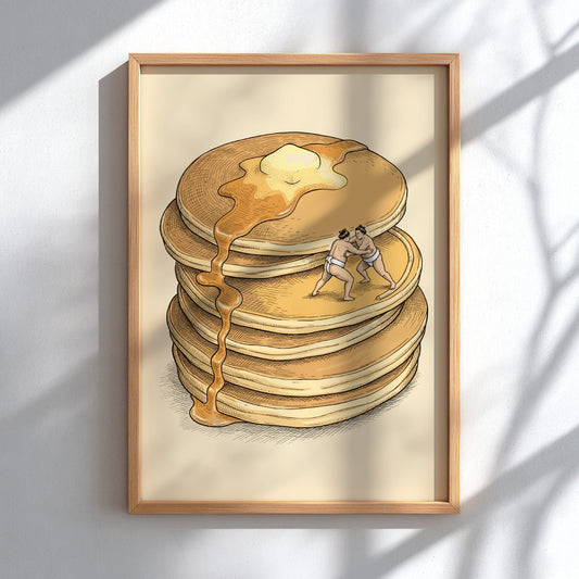 Poster featuring two sumo wrestlers fighting on a stack of syrup covered pancakes