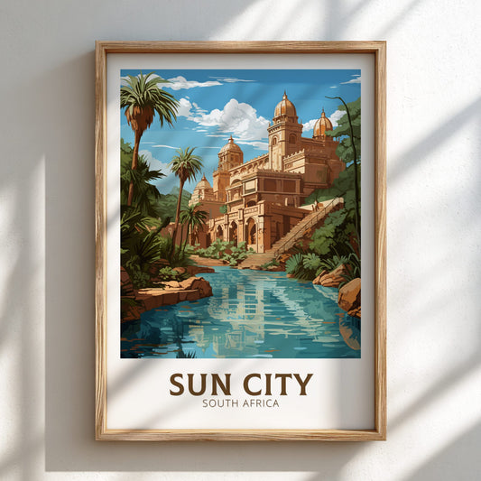 Framed artwork of Sun City, South Africa with a building, pool, and palm trees.