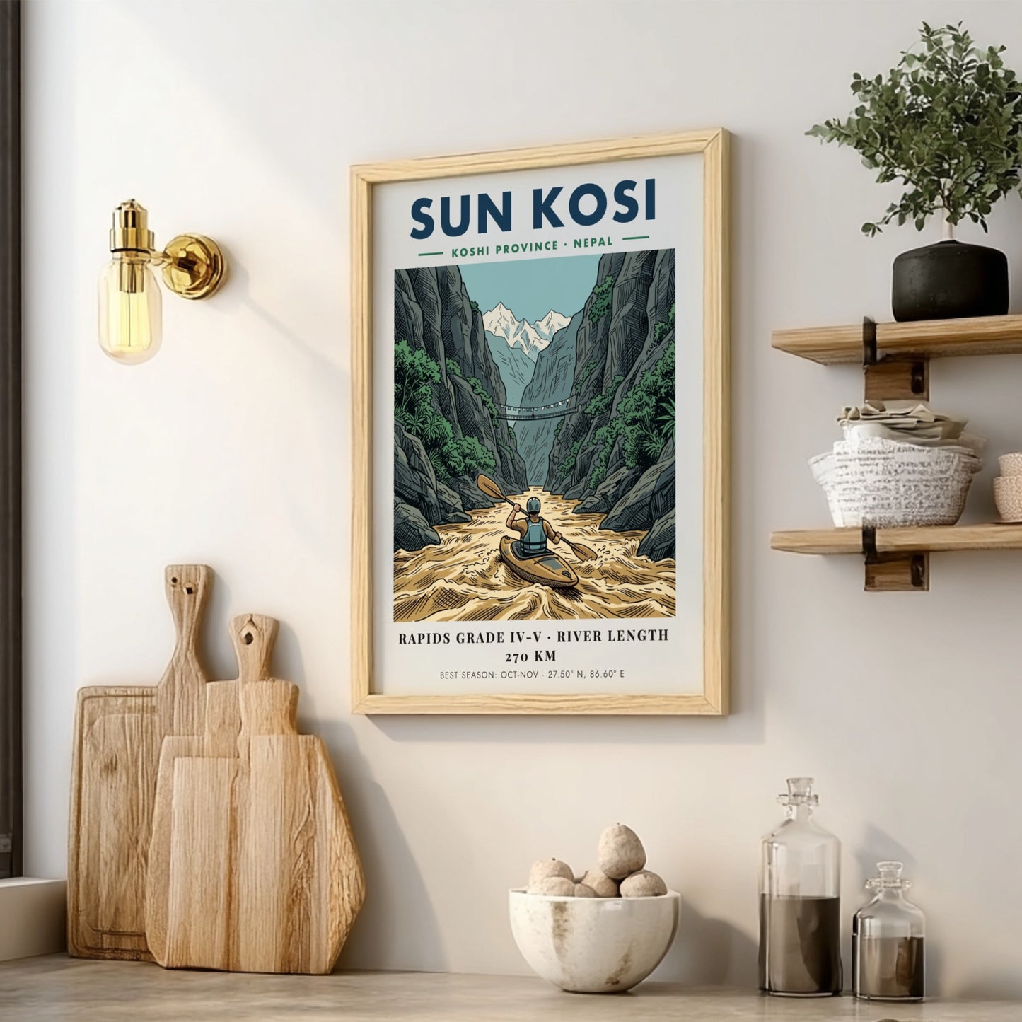 Poster of a kayaker on the Sun Kosi river surrounded by deep mountain canyons