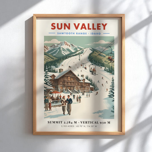 Sun Valley ski resort poster featuring vintage illustration of skiers and mountains in warm colors
