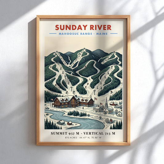 Poster featuring Sunday River in the Mahoosuc Range with snowy ski slopes and lodge.