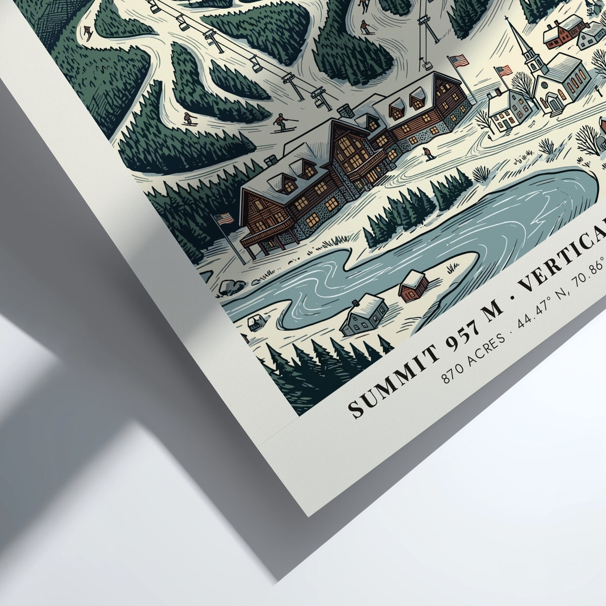 Poster featuring Sunday River in the Mahoosuc Range with snowy ski slopes and lodge.