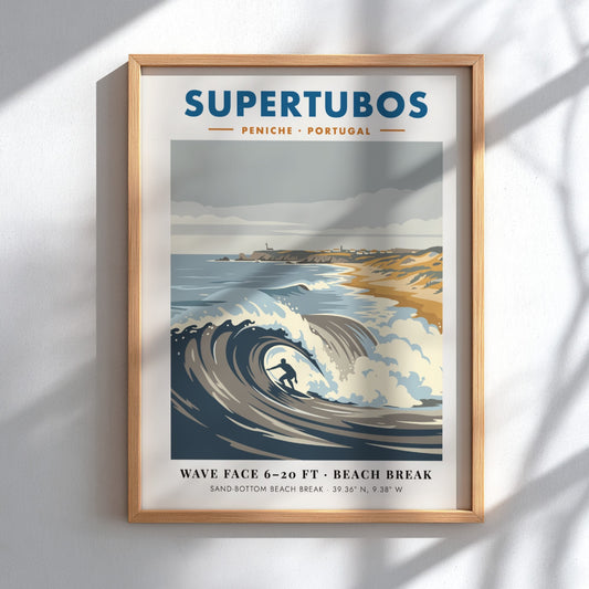 Supertubos Peniche surf break poster featuring a barrel wave and rugged Portuguese coastline.