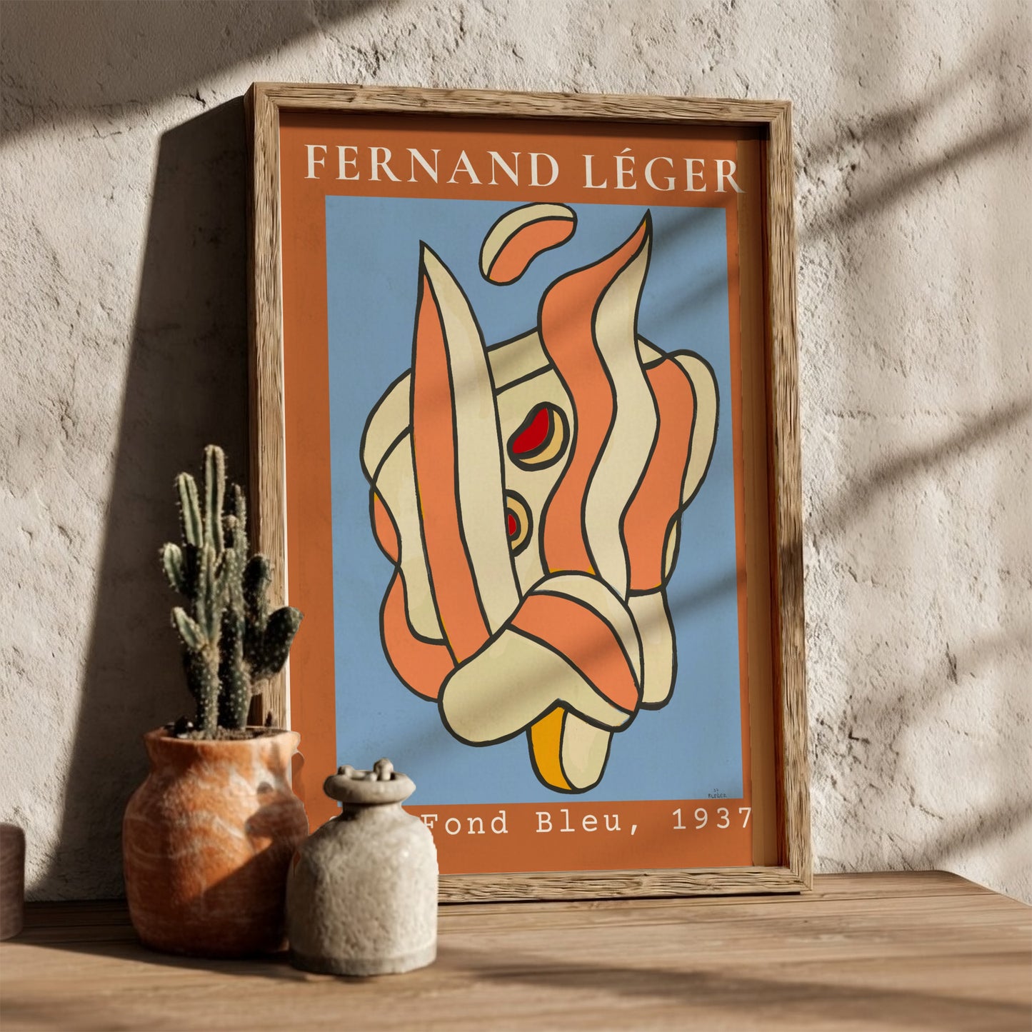 Poster of Fernand Léger's abstract artwork 'Sur Fond Bleu, 1937' with cream, coral, and yellow shapes on a