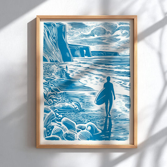 Surfer Pause Poster - Reflective Ocean Moment Wall Art Print