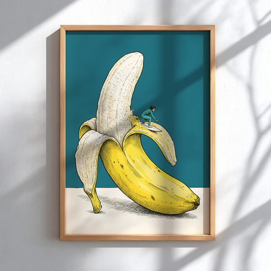 Surfing the peeling banana poster featuring a tiny surfer on a yellow fruit wave.