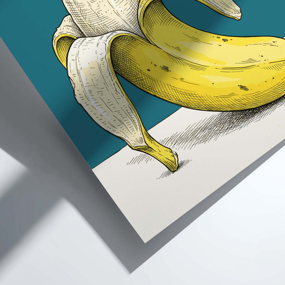 Surfing the peeling banana poster featuring a tiny surfer on a yellow fruit wave.