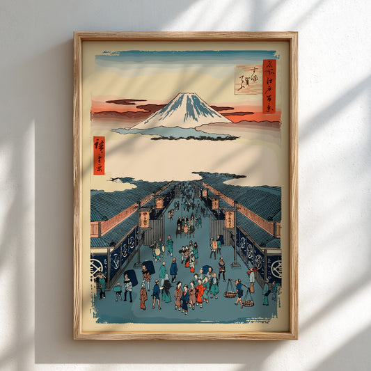 Famous art poster of Mount Fuji and a busy street scene in Japanese Ukiyo-e style.