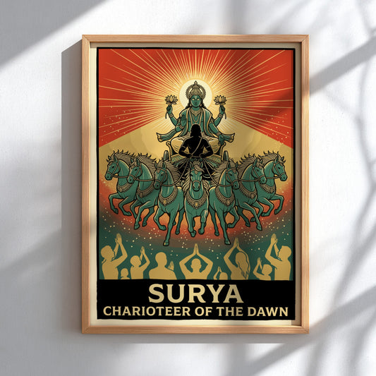 Poster of Surya driving a seven-horse chariot with devotees praying at the bottom