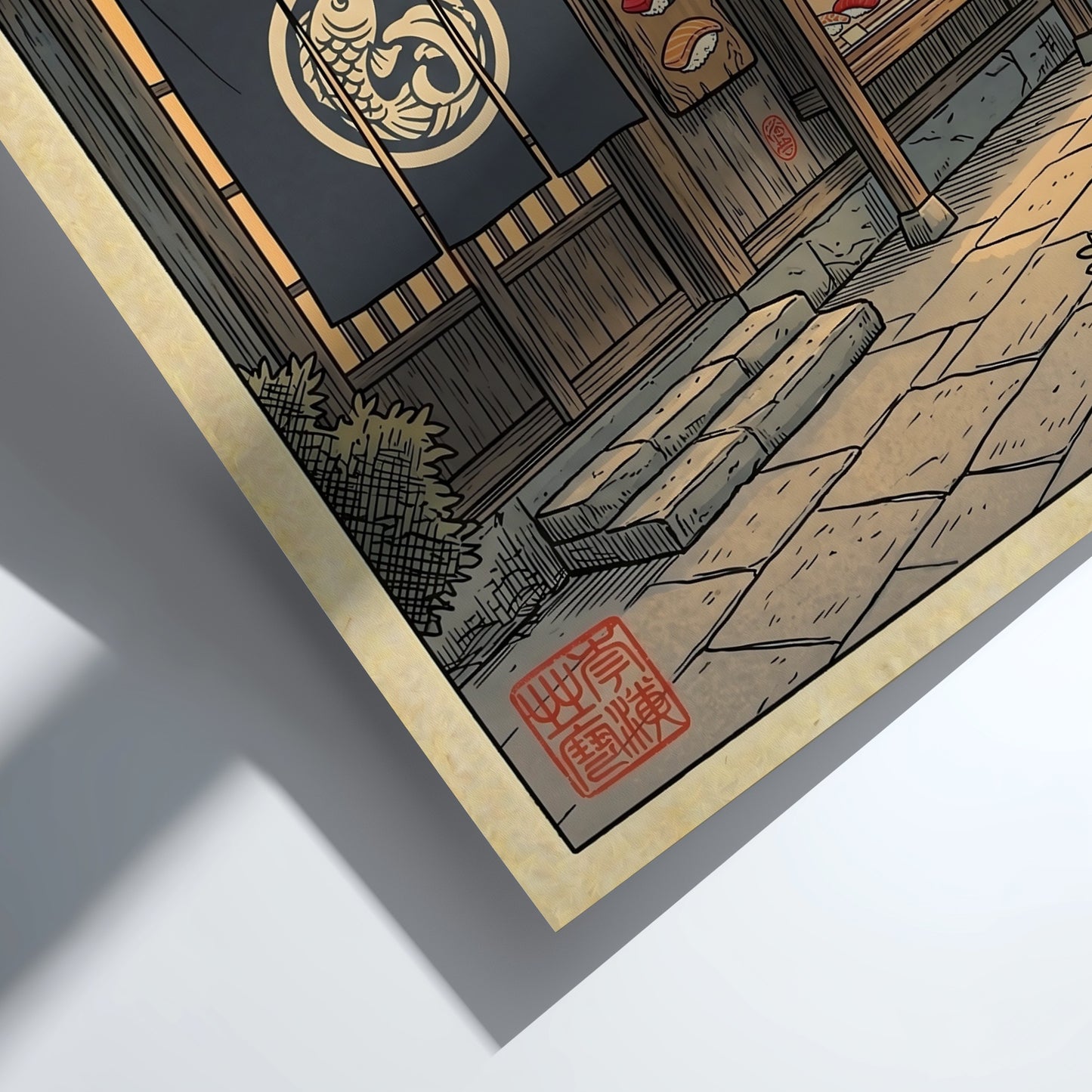 Japanese art style poster featuring a sushi bar at night with warm colors and intricate details