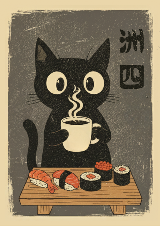 Illustration of a black cat holding a steaming cup, sitting at a table with sushi.