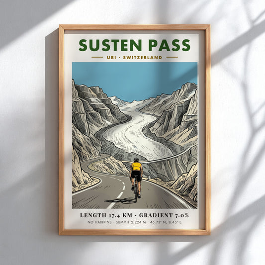 Poster featuring a cyclist riding toward a glacier on the Susten Pass route.