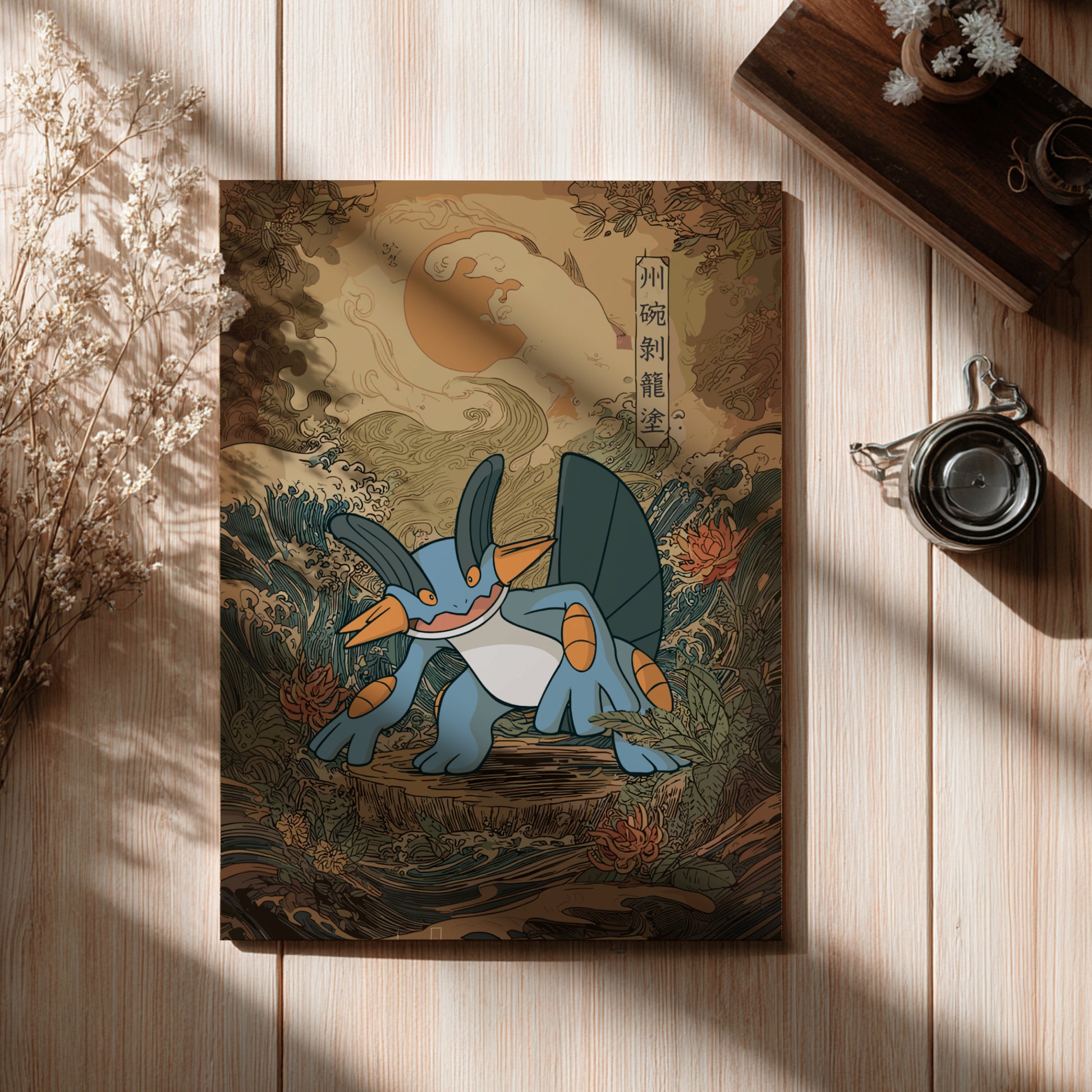 Decorative poster with a Swampert Pokemon design on a wooden surface