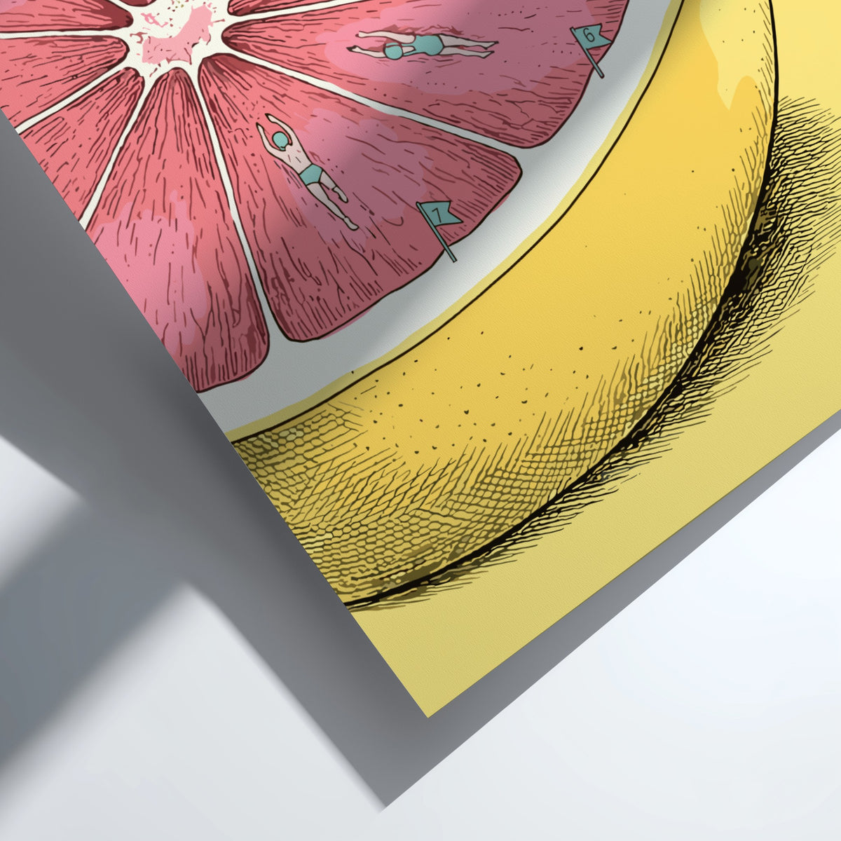 Poster featuring swimmers in a pink grapefruit half labeled Pink Pool in yellow
