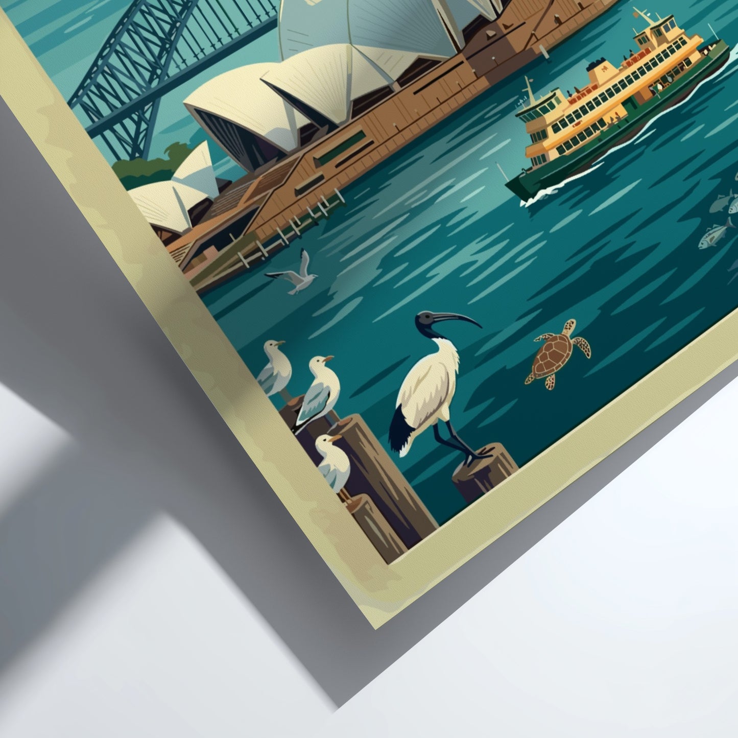 Sydney Opera House travel poster featuring the harbour bridge and wildlife in blue tones.