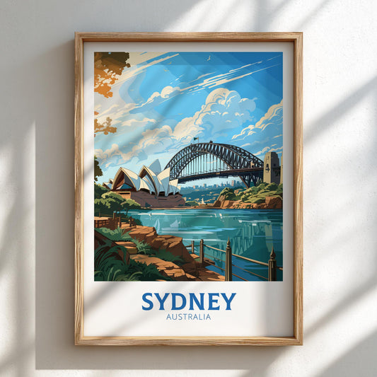 Framed artwork of Sydney Harbour Bridge and Opera House on a white wall.