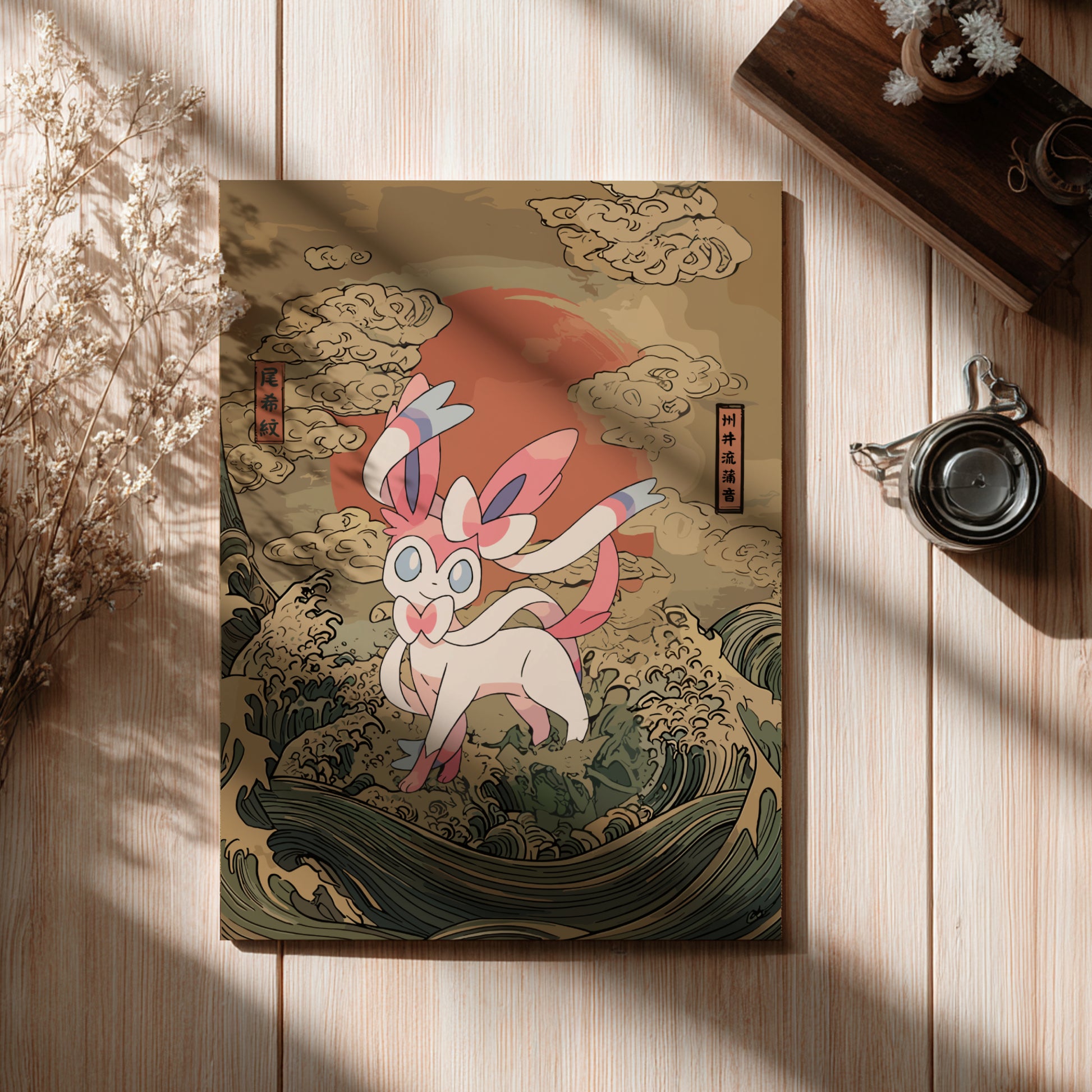 Poster with Sylveon Pokemon illustration on a wooden surface