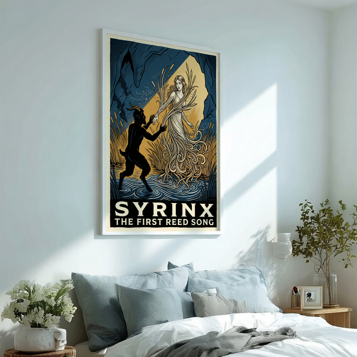 Poster featuring a dark goat-legged figure reaching for a woman turning into reeds.