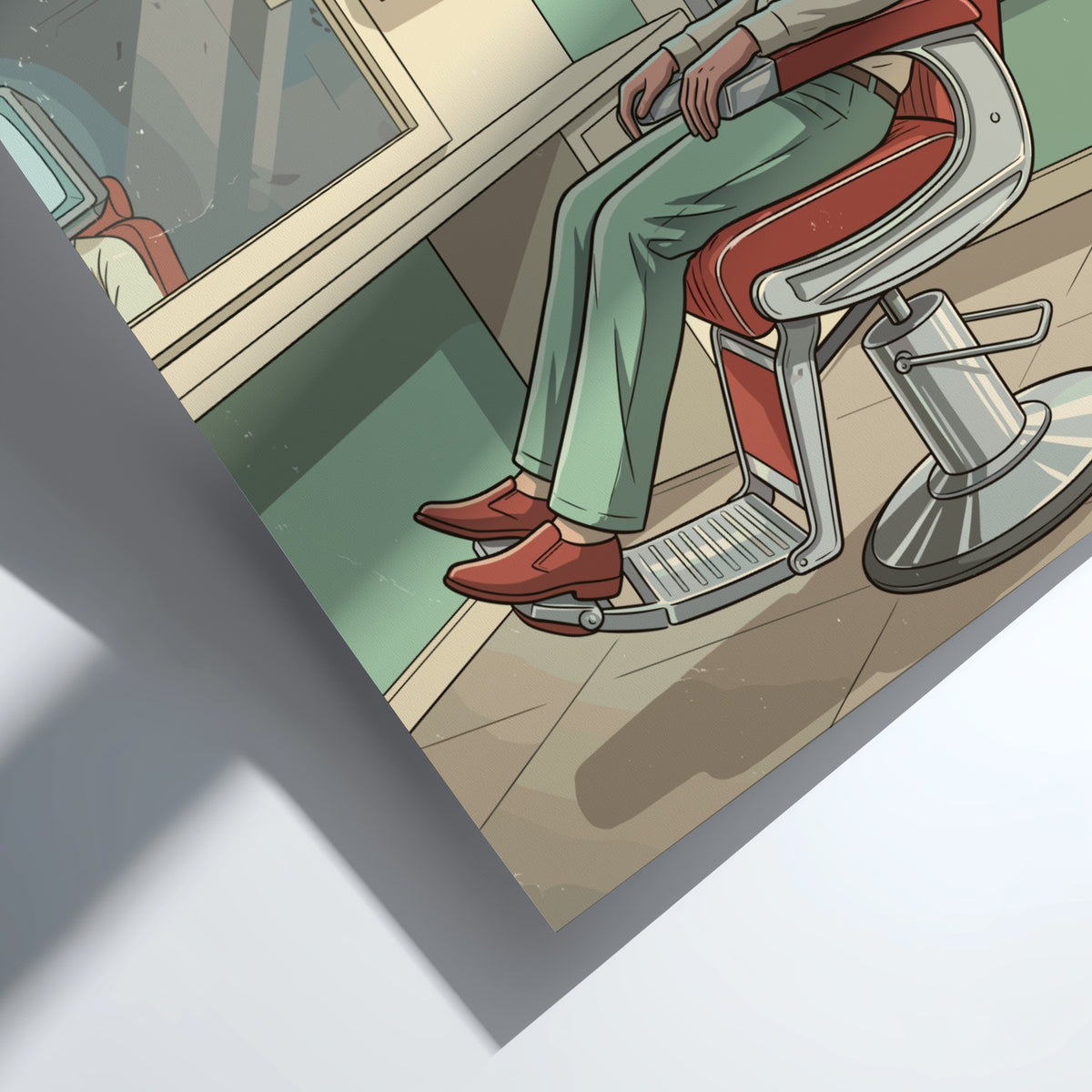 Poster of a person with a television head sitting in a barber chair