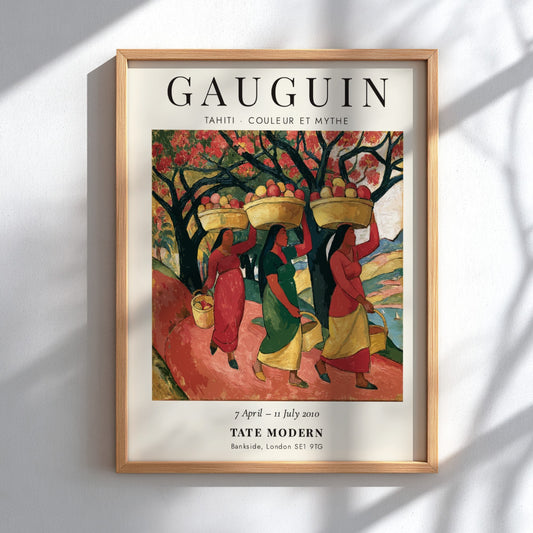 Gauguin exhibition poster featuring vibrant colors and tropical scene from Tahiti