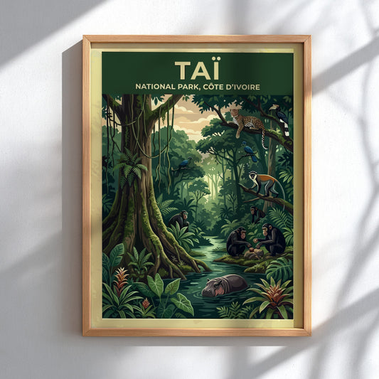 Taï National Park poster featuring jungle wildlife, vibrant greens, and playful monkeys in a lush setting.