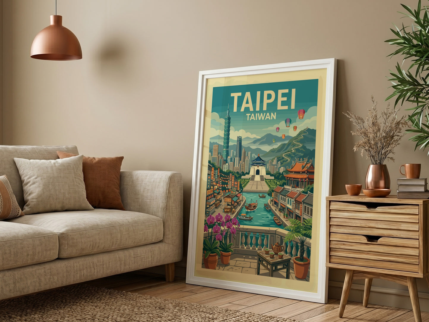 Taipei travel poster featuring a detailed illustration of the Taiwan cityscape with Taipei 101 and a canal.