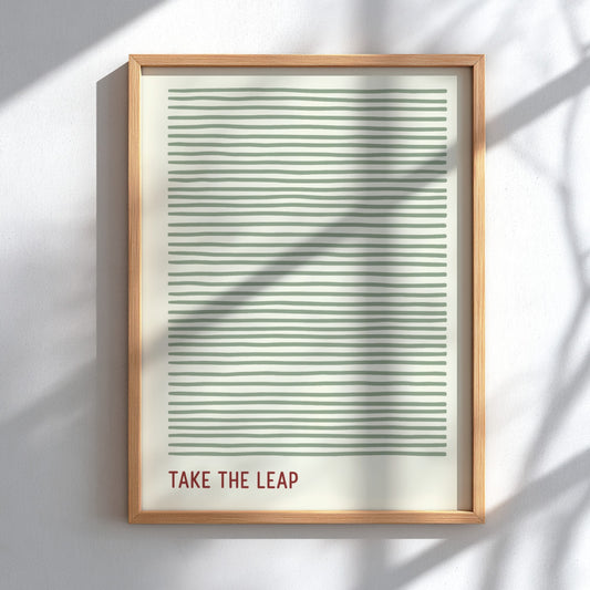 Motivational poster featuring soft sage green horizontal lines and the quote Take The Leap