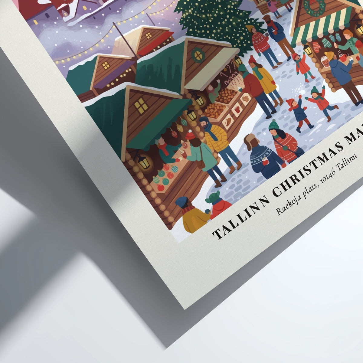 Tallinn Christmas Market poster with festive stalls and city steeples in winter colors.