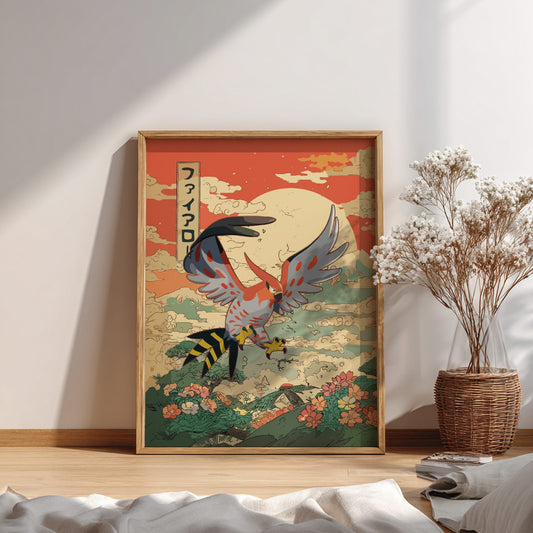 Framed artwork of Talonflame Pokemon in a room with a vase of flowers.