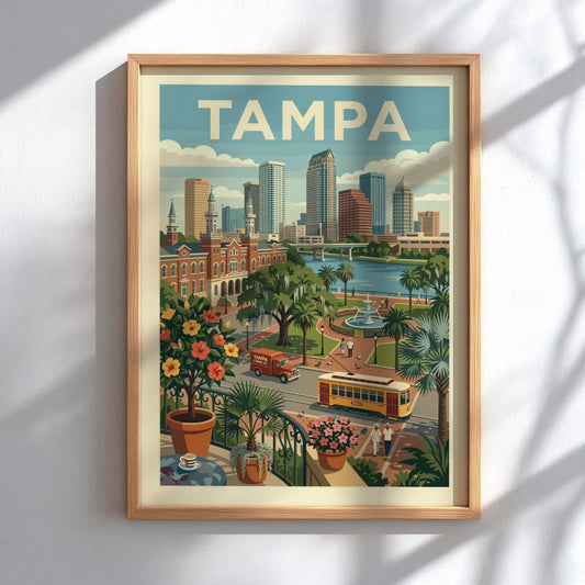 Vintage Tampa cityscape poster with skyline, streetcar, and tropical plants in a retro illustration style.