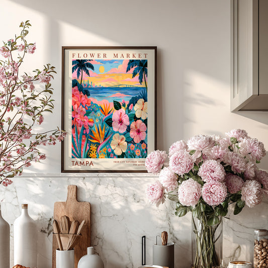 Flower market poster featuring vibrant flowers and Tampa skyline at sunset